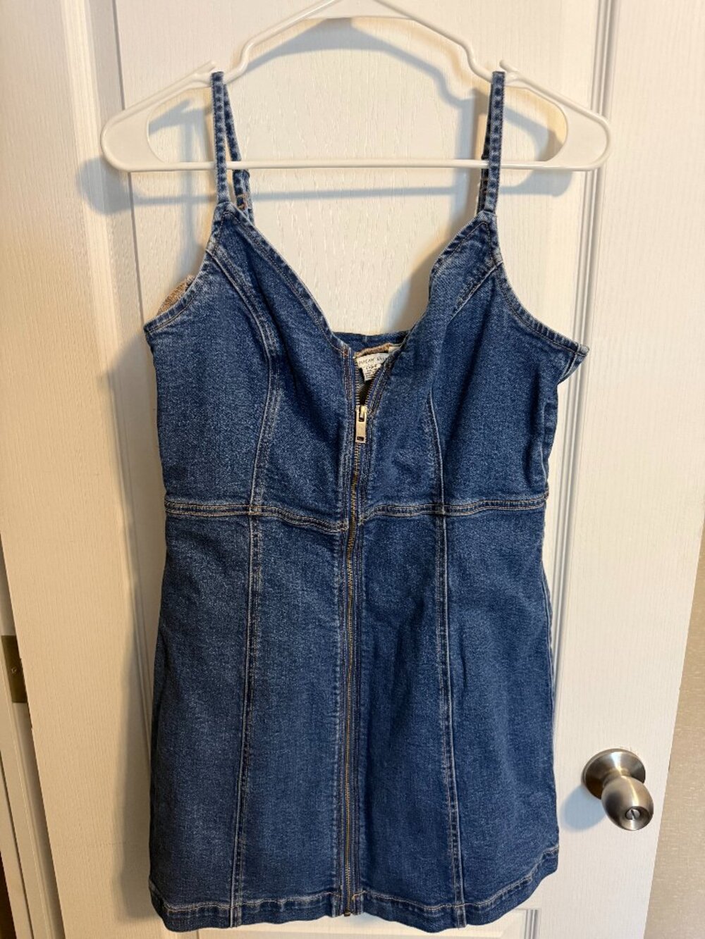 American Eagle AE Denim Dress Stretch Front Zipper Spaghetti Strap Women’s L